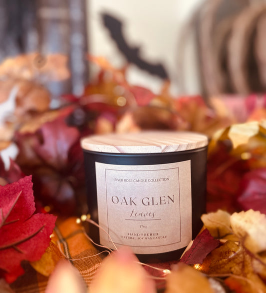 17OZ OAK GLEN LEAVES SOY WAX MATTE BLACK CANDLE